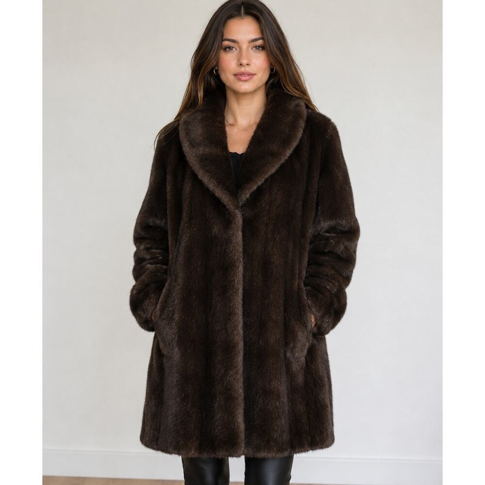 Silk & Sable Brown Faux Fur Coat Shawl Collar Mob Wife Glam Winter XL Retro Glam